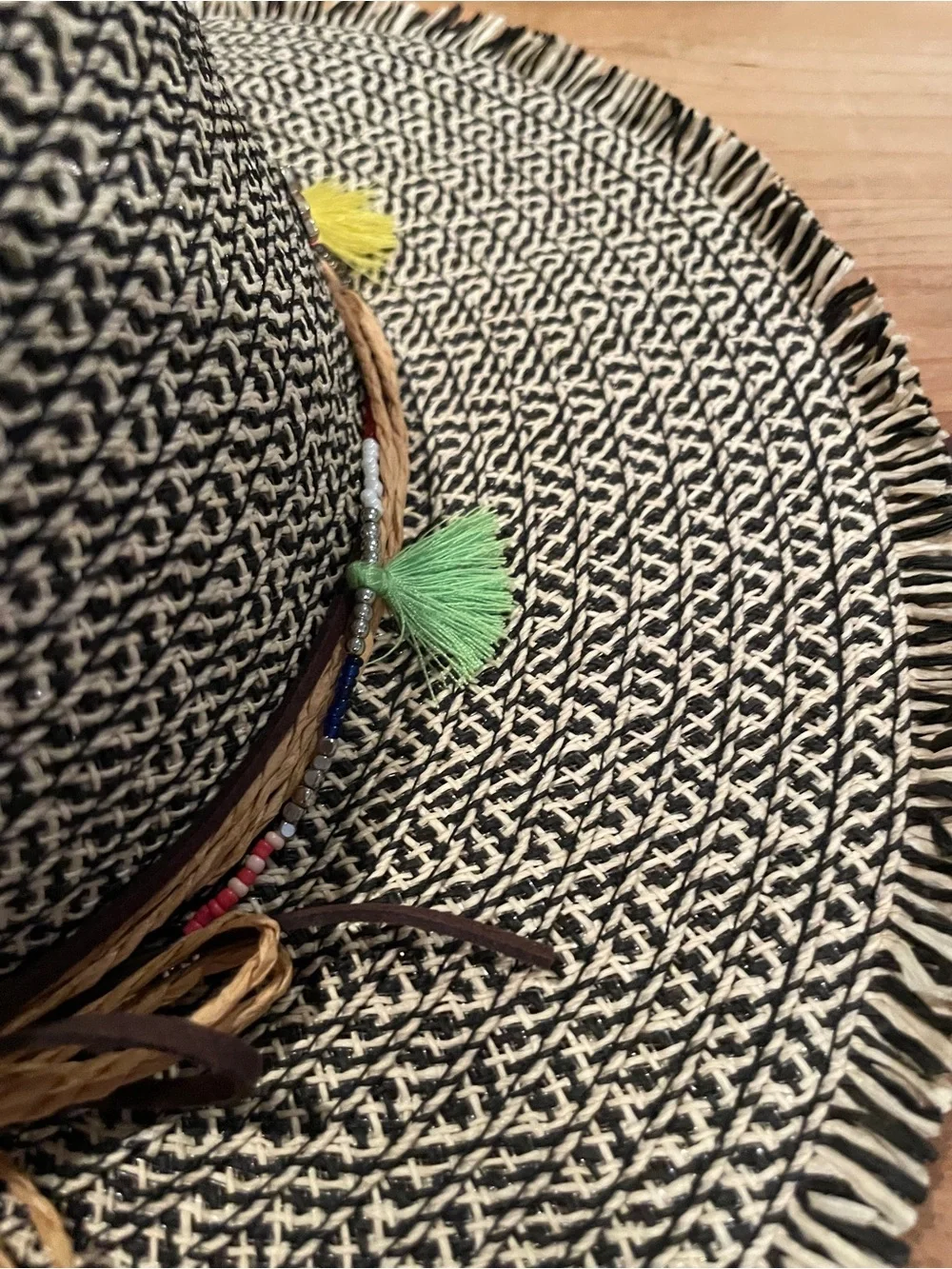 Cappelli Brown Ivory Fedora Short Brim Hat Beaded Tassel Southwest Aztec Boho OS